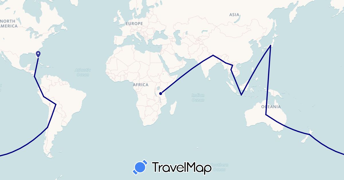 TravelMap itinerary: driving in Australia, Bolivia, Chile, Costa Rica, Indonesia, Japan, Laos, Myanmar (Burma), Nepal, New Zealand, Peru, Thailand, Tanzania, United States (Africa, Asia, North America, Oceania, South America)